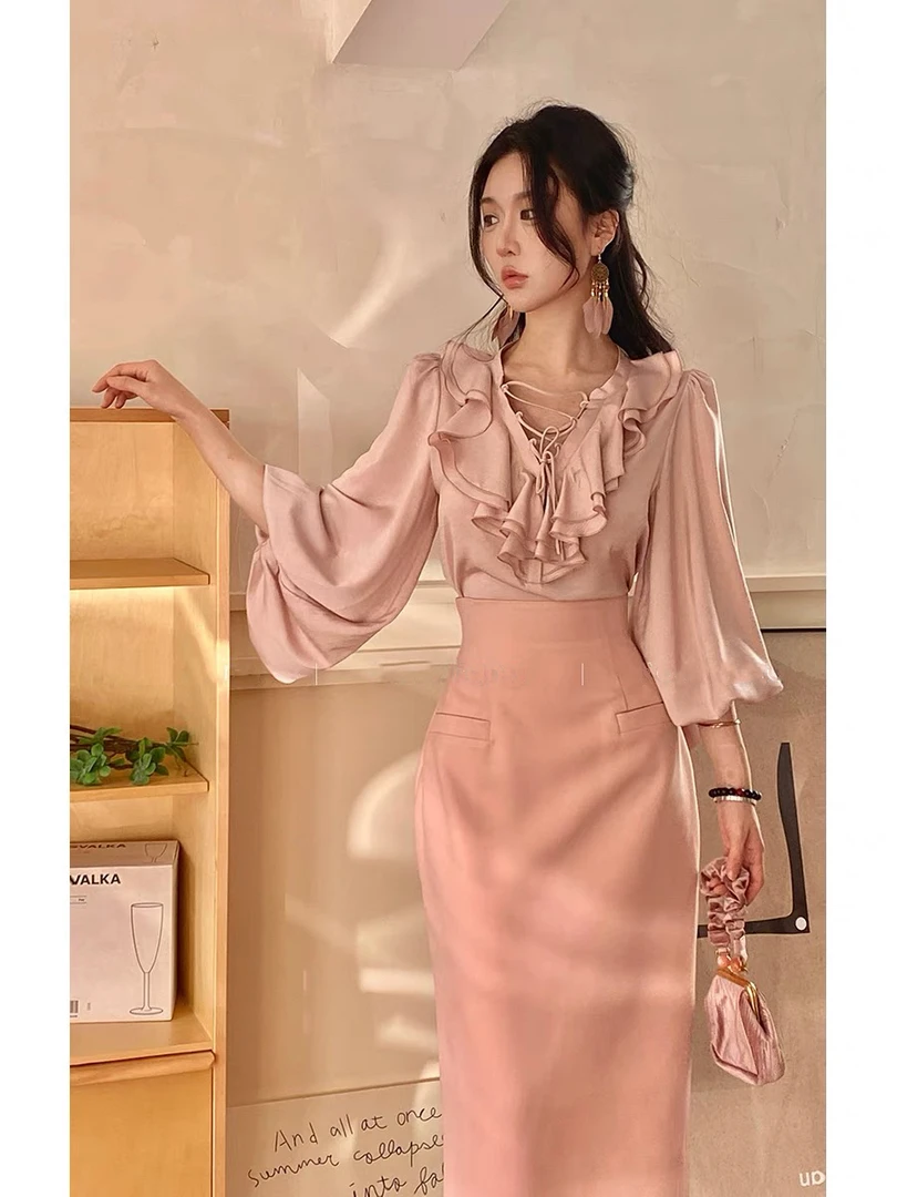 674#法式复古系带衬衫高腰修身包臀半裙套装女