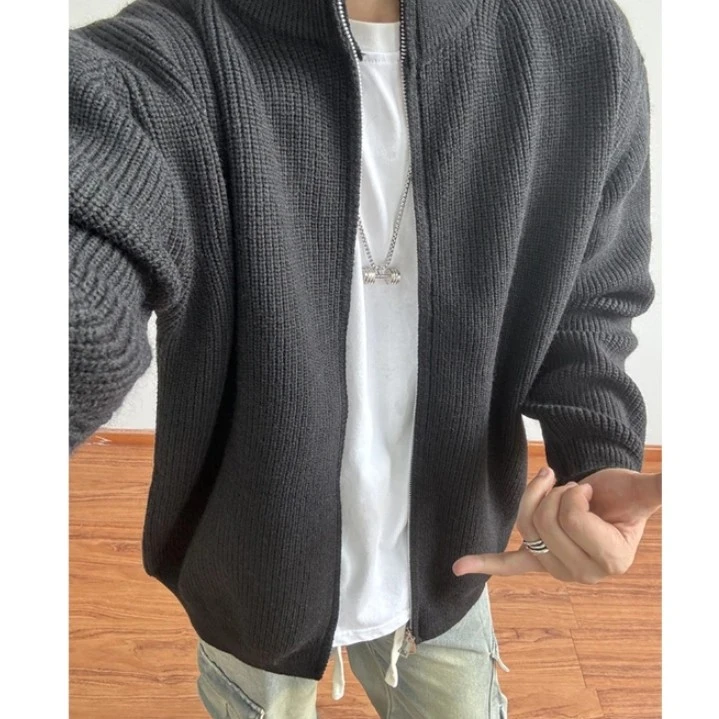 美式潮牌拉链针织开衫外套男痞帅高级感ootd立领毛衣秋冬短款夹克