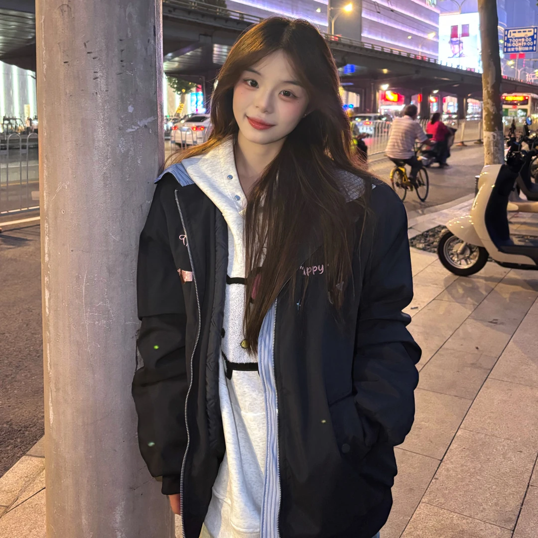 【洢尚丽】2025美式复古腊肠狗刺绣假两件夹克外套加厚款外套9447