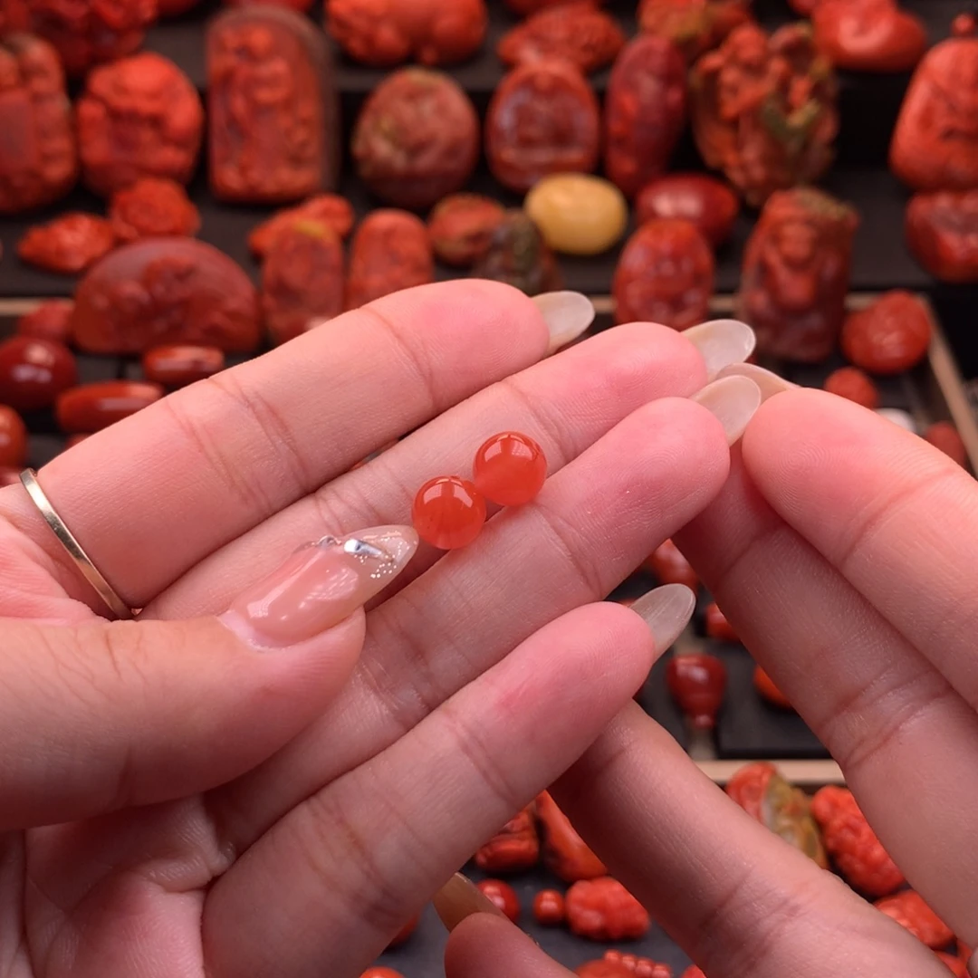 南红玛瑙未镶嵌冰红圆珠对珠8mm