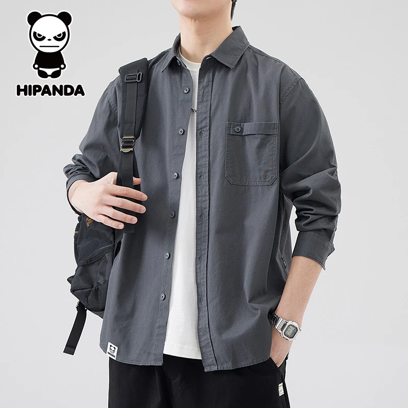 Hi Panda你好熊猫日系纯棉衬衫男士秋季新款宽松潮牌休闲长袖衬衣