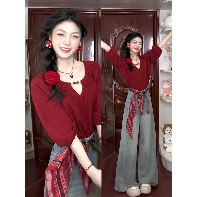 痞帅炸街风女装秋季法式高级感红色半袖衬衫上衣高腰宽松阔腿裤