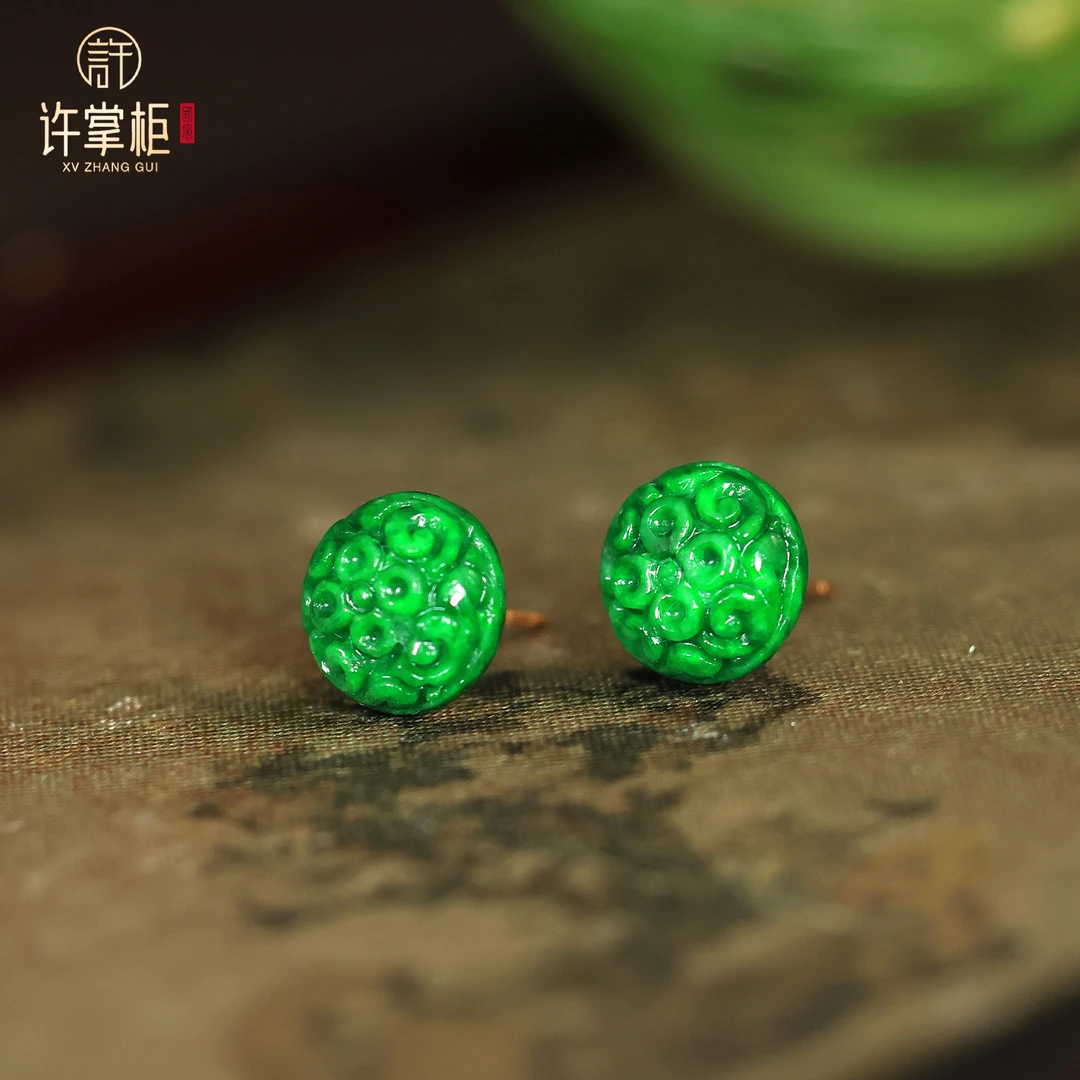 许掌柜｜18K金镶嵌耳钉天然缅甸翡翠A货国潮雕花圆面耳饰个性百搭