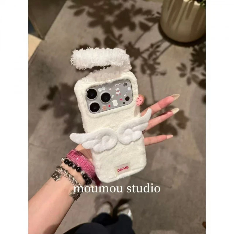秋冬白色毛绒立体天使翅膀适用iPhone17promax苹果16手机壳15新款