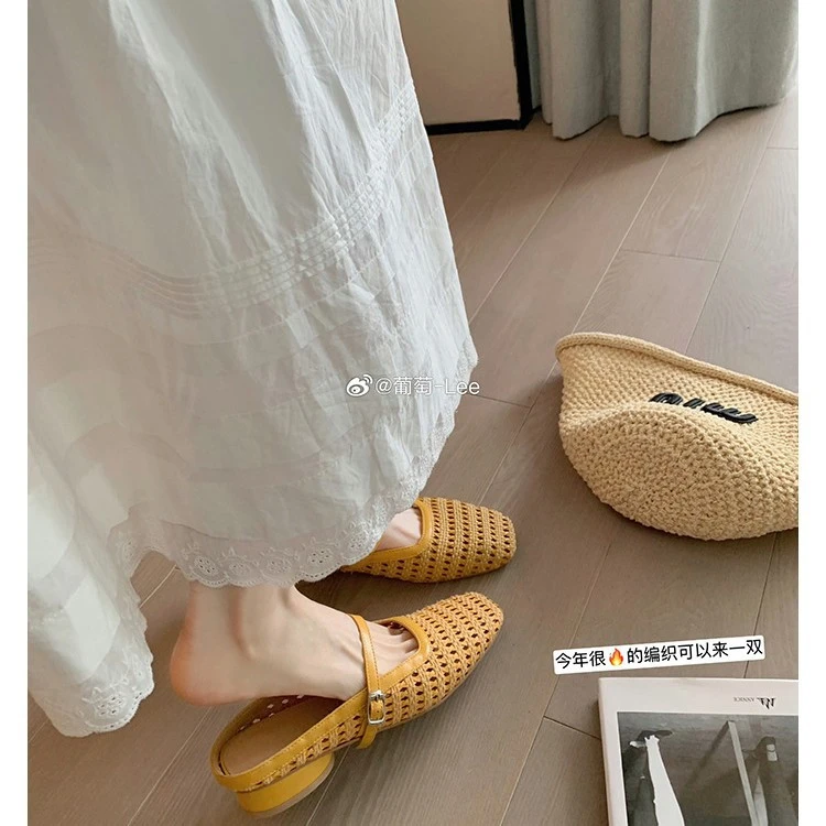 葡萄妈同款现货~ 复古编织镂空方头一字带粗跟百搭穆勒半拖女春夏