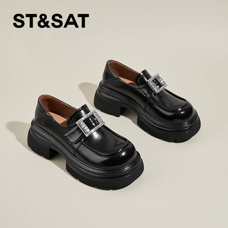 星期六方形搭扣乐福鞋女士春秋厚底增高单鞋皮带扣时尚百搭休闲鞋