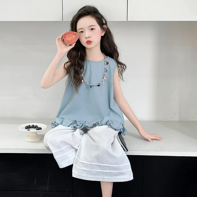 女童花边下摆上衣套装夏季新款女孩洋气时髦女大童白色宽松九分裤