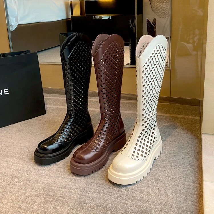 胖大筒夏季镂空骑士靴女厚底不过膝网网高筒靴洞洞网纱凉靴