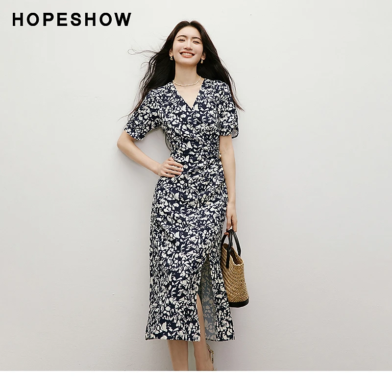 红袖2025夏新款女装【慵懒碎花】泡泡袖V领套头连衣裙90125151605