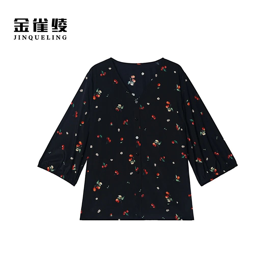 金雀绫【小樱桃】桑蚕丝V领透气显瘦大码女装小衫SZA1S265