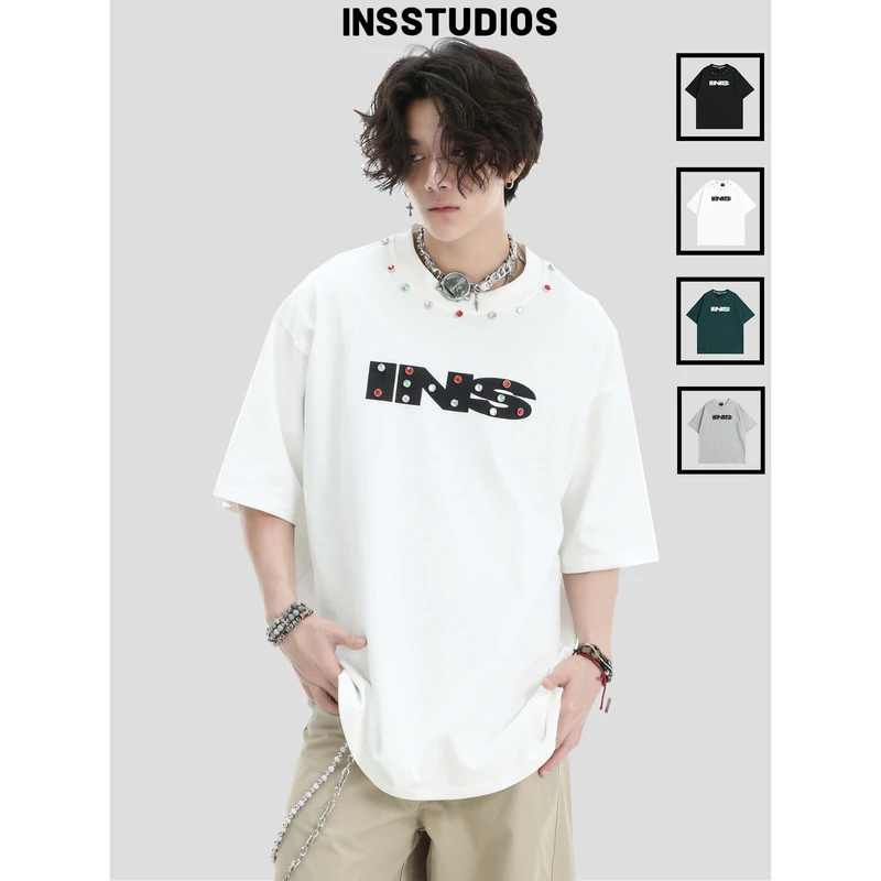 INSstudios 国潮牌情侣美式复古宝石钉珠字母LOGO短袖宽松休闲T恤