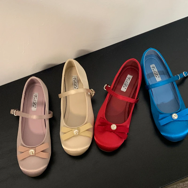 小香风浅口圆头蝴蝶结珍珠芭蕾舞鞋通勤百搭平底单鞋