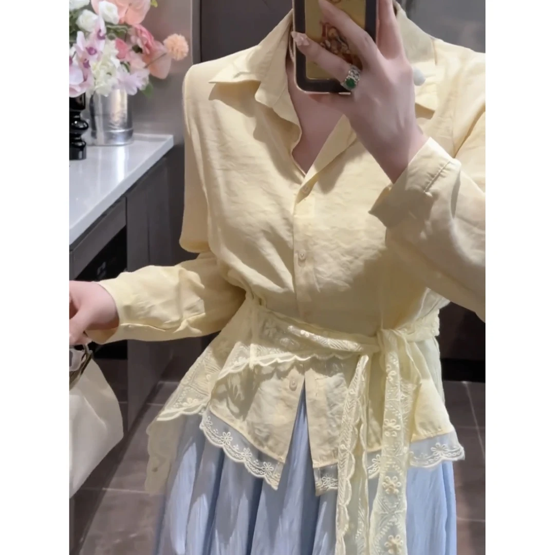 法式气质蕾丝披肩+黄色polo领衬衫女2025年秋季新款叠穿开衫衬衣