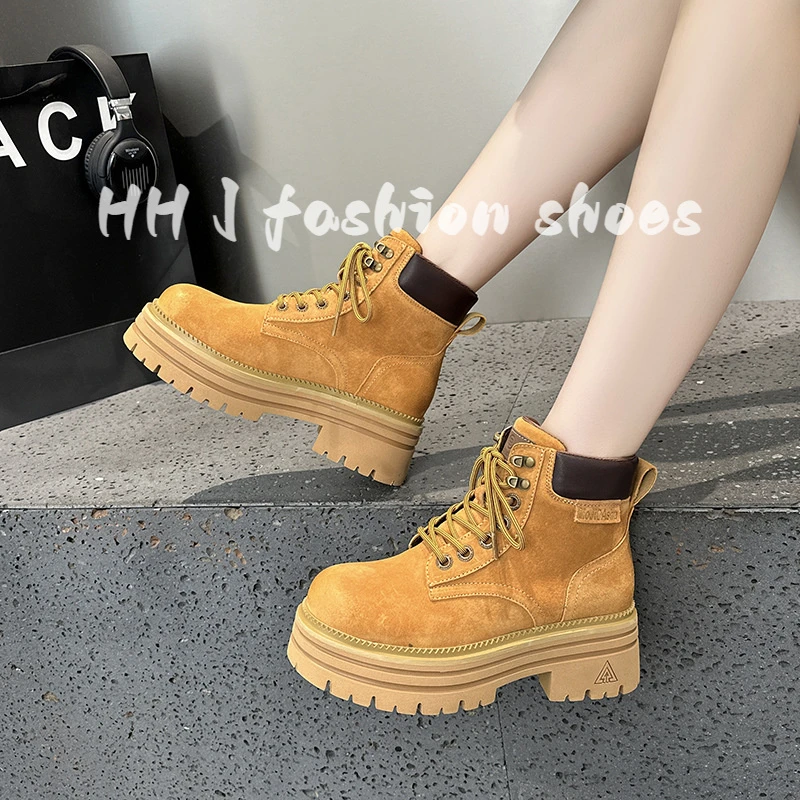 马丁靴女2025新款英伦风内增高大黄靴秋季小个子厚底短靴女款靴子