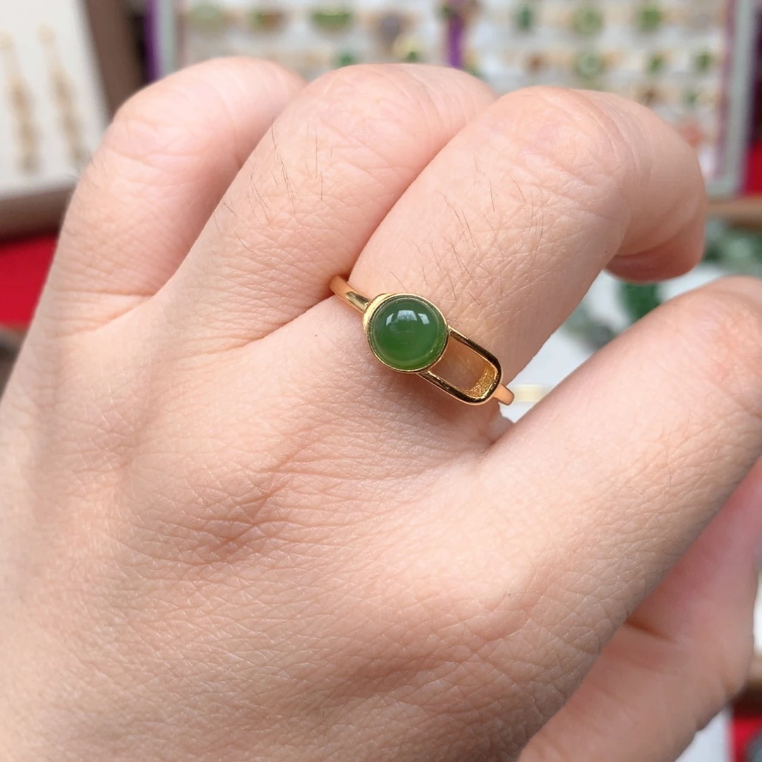 和田玉（碧玉）戒指银S925镀金镶嵌