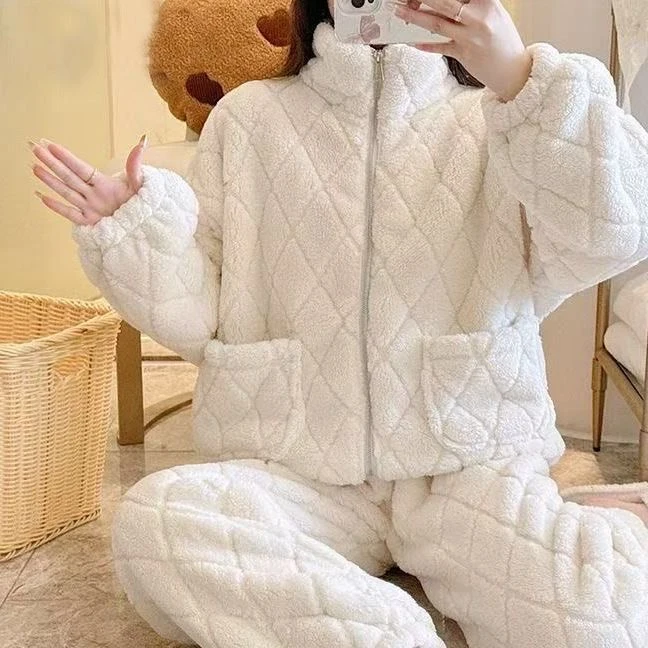 【菱形块】高领睡衣长款女新款秋冬季珊瑚绒情侣网红加厚珊瑚绒家居
