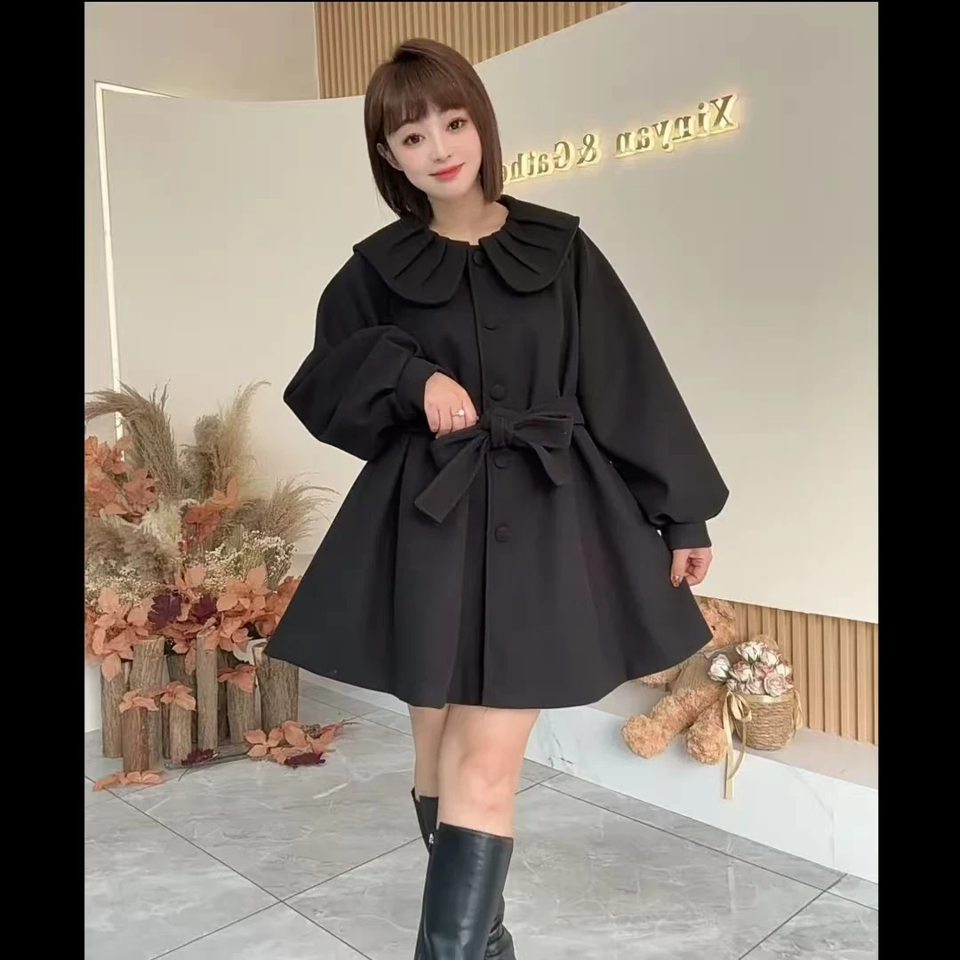 兔兔小香风娃娃领毛呢外套女2025冬季新款小个子收腰系带呢子大衣