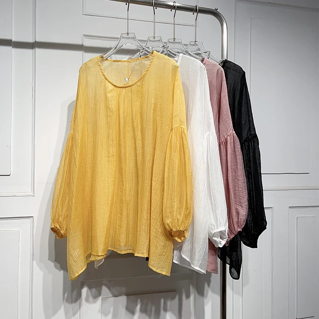 简约风长袖宽松显瘦防晒衬衫女2024春夏慵懒风灯笼袖轻薄中长上衣