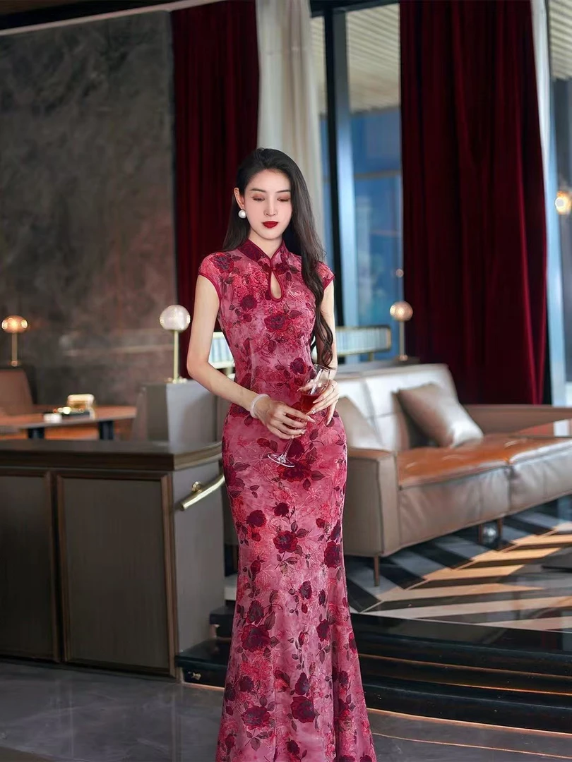 原创设计新中式高定网底印花扎染气质修身复古旗袍