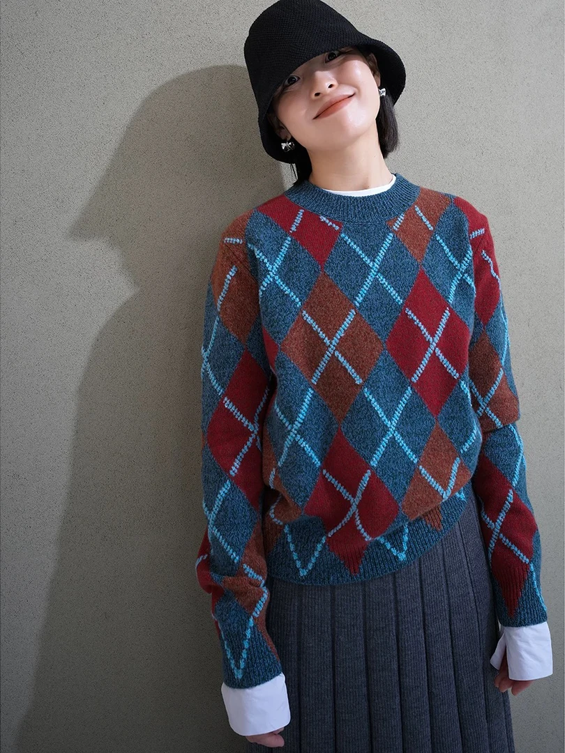 格纹毛衣女圆领宽松针织衫套头上衣9284