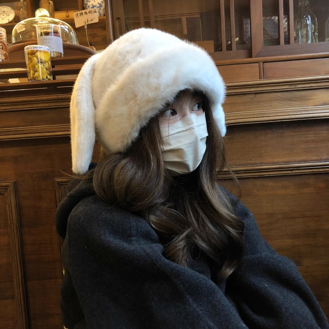 可爱兔耳朵毛绒帽子女冬保暖显脸小套头地主帽时尚防寒旅游雷锋帽