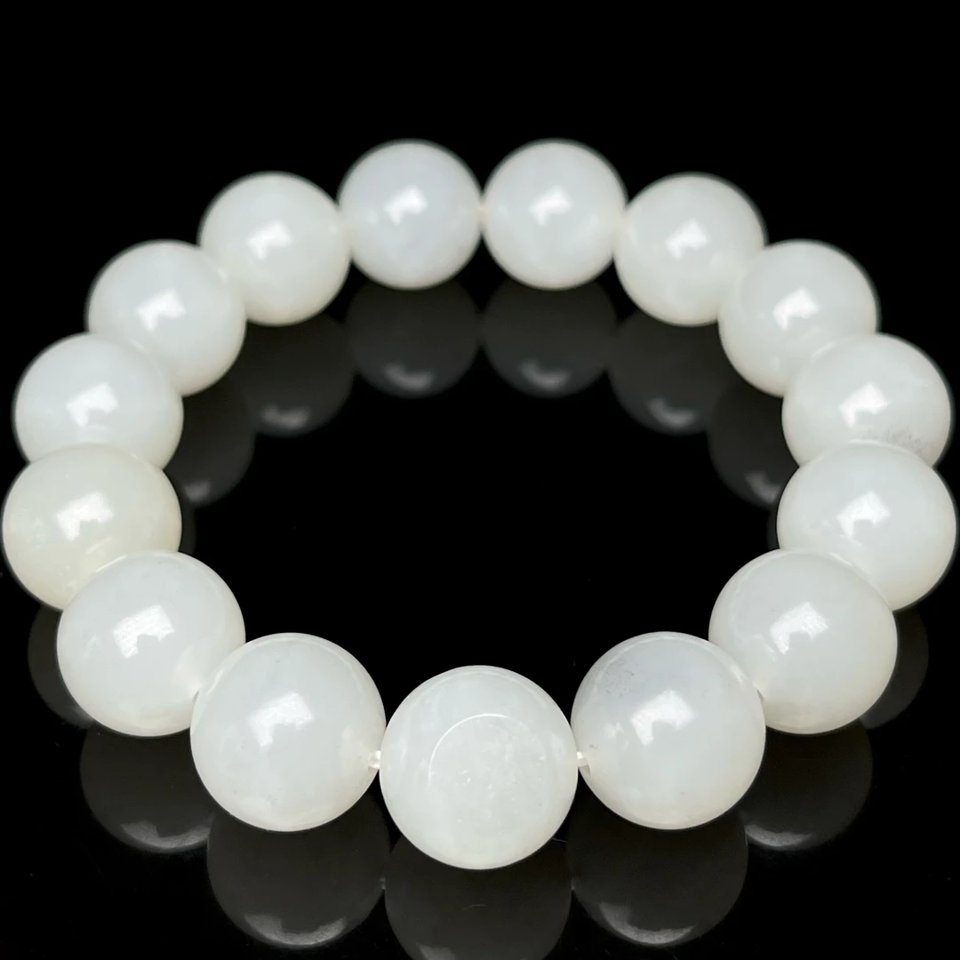 【卡14圆珠手串】新疆和田玉 同料15颗 2颗带原毛孔 白细油糯带散墨