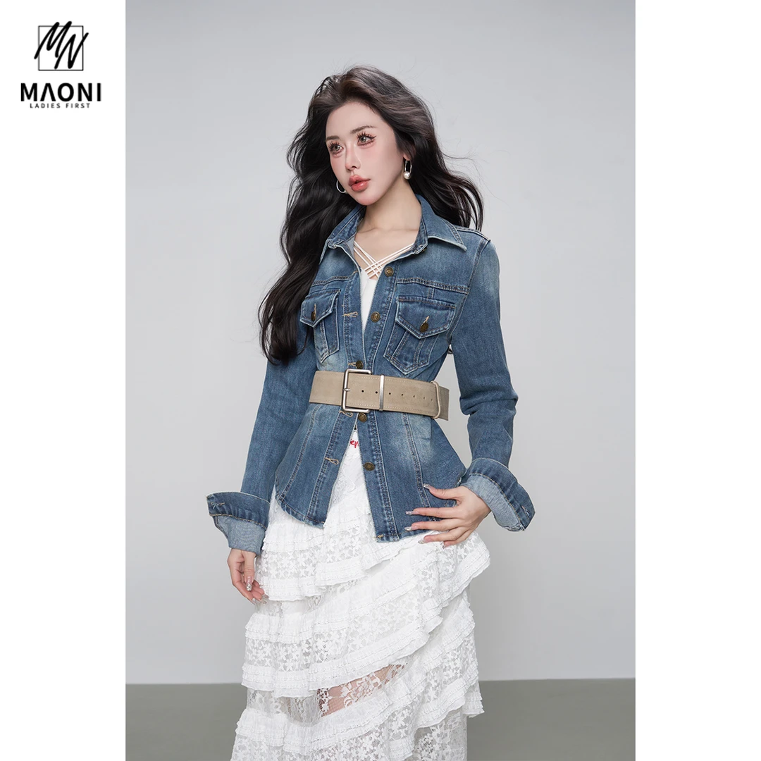 毛妮Peshe【美式Polo领牛仔衬衫】气质显瘦收腰单排扣外套春L1397