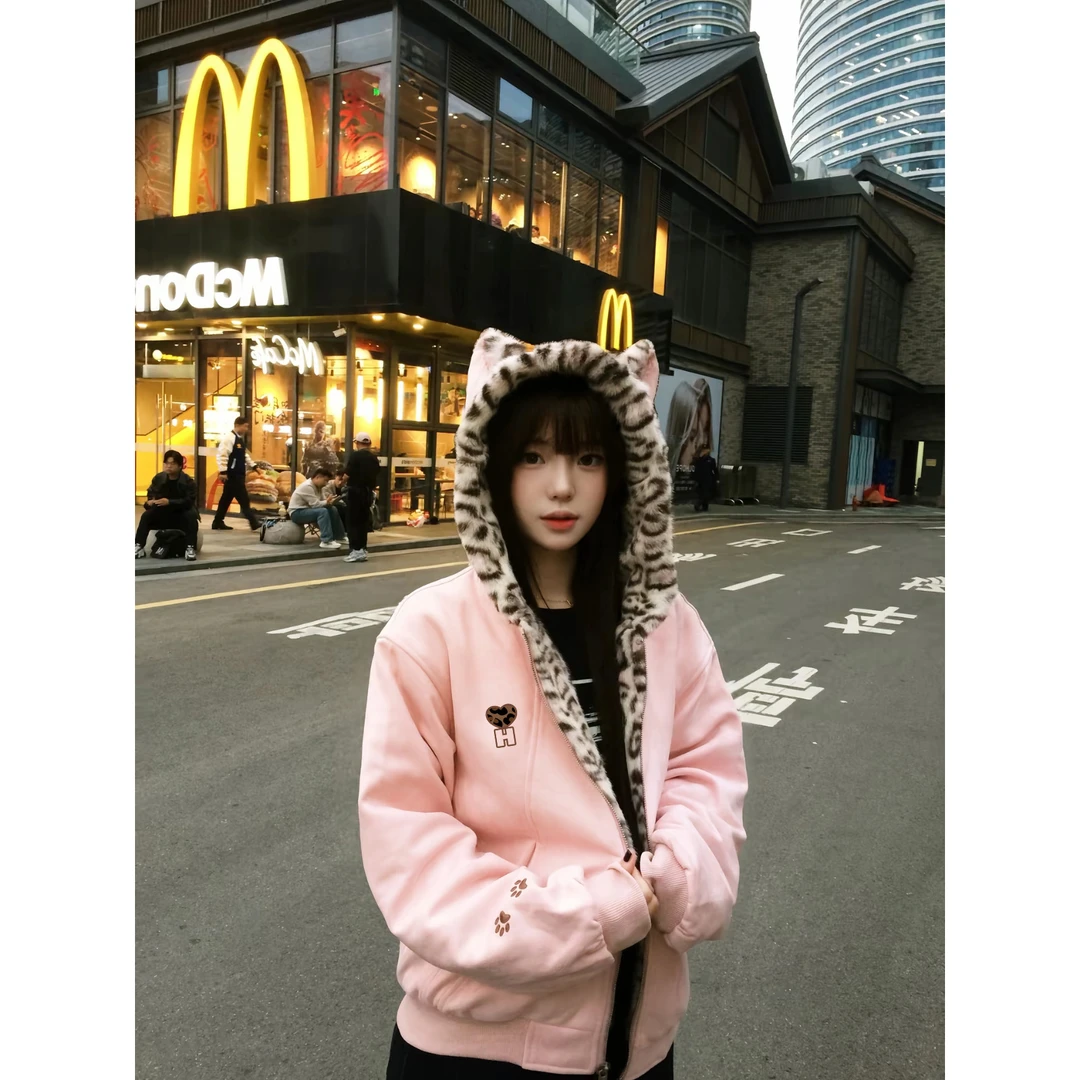 HandSeven美式秋冬可爱猫耳保暖卫衣豹纹内里拉链连帽加绒外套