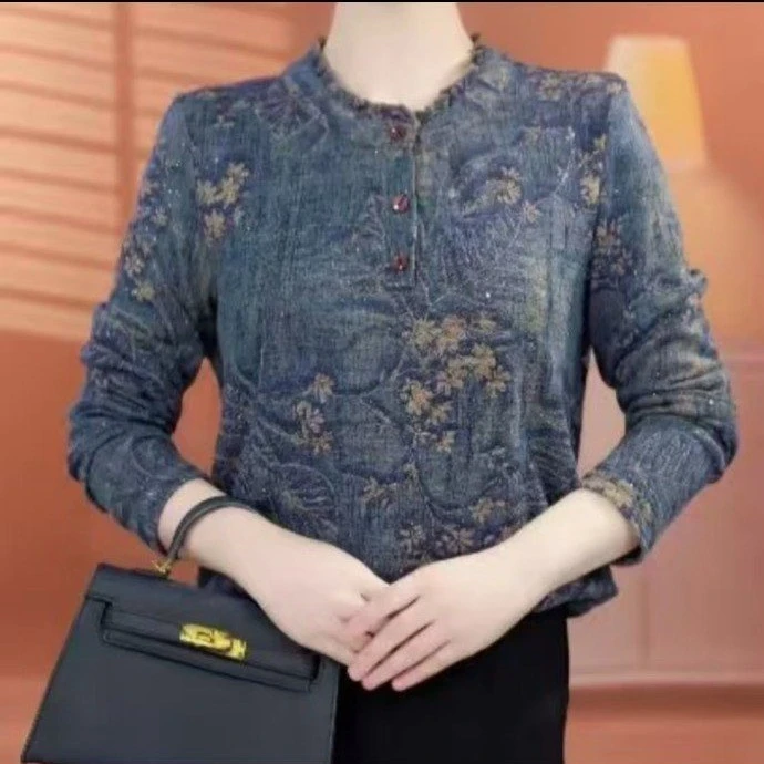 中年女装法式设计感木耳边长袖小衫X气质百搭妈妈装显瘦复古上衣