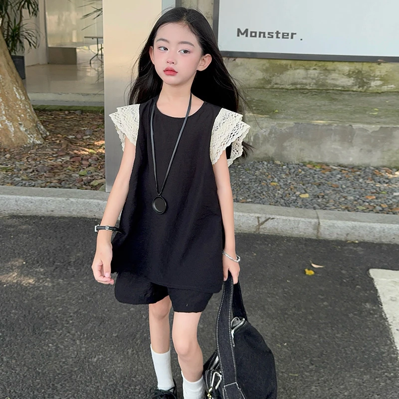 女童套装欧货时尚高级感蕾丝拼接飞袖上衣百搭短裤两件套2025夏新