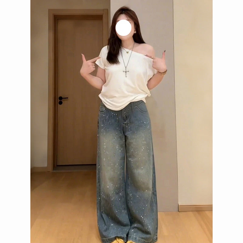 特大码满天星河烫钻牛仔裤女秋冬新款胖mm显瘦梨型身材加绒阔腿裤