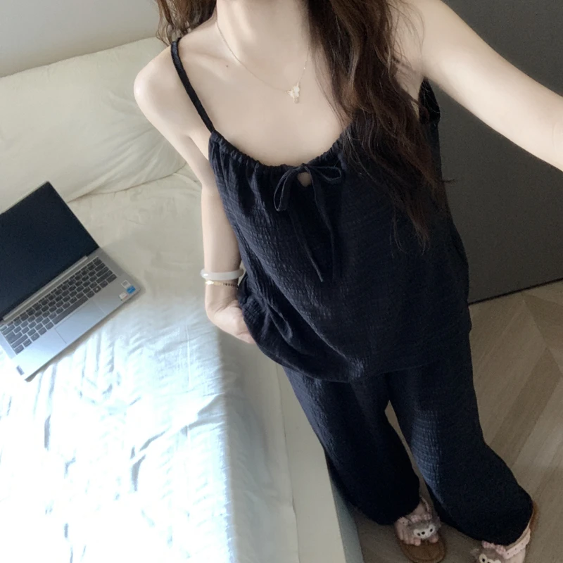 【带胸垫一体】吊带长裤睡衣女款2025新款夏季云朵棉简约家居服套装