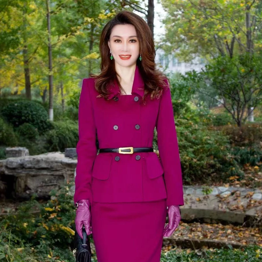 GS玫红色双排扣短款大衣2