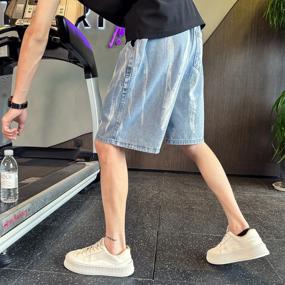 扎染牛仔短裤男士2025夏季薄款痞帅直筒宽松中裤美式潮牌五分裤子