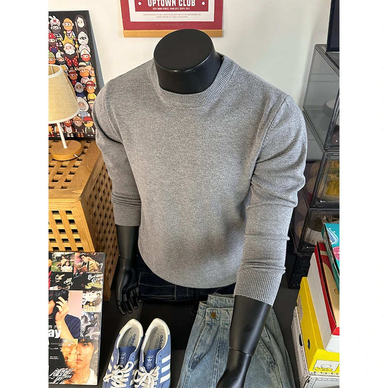 cleanfi灰色毛衣男秋冬季高级感圆领内搭打底衫宽松慵懒风针织衫