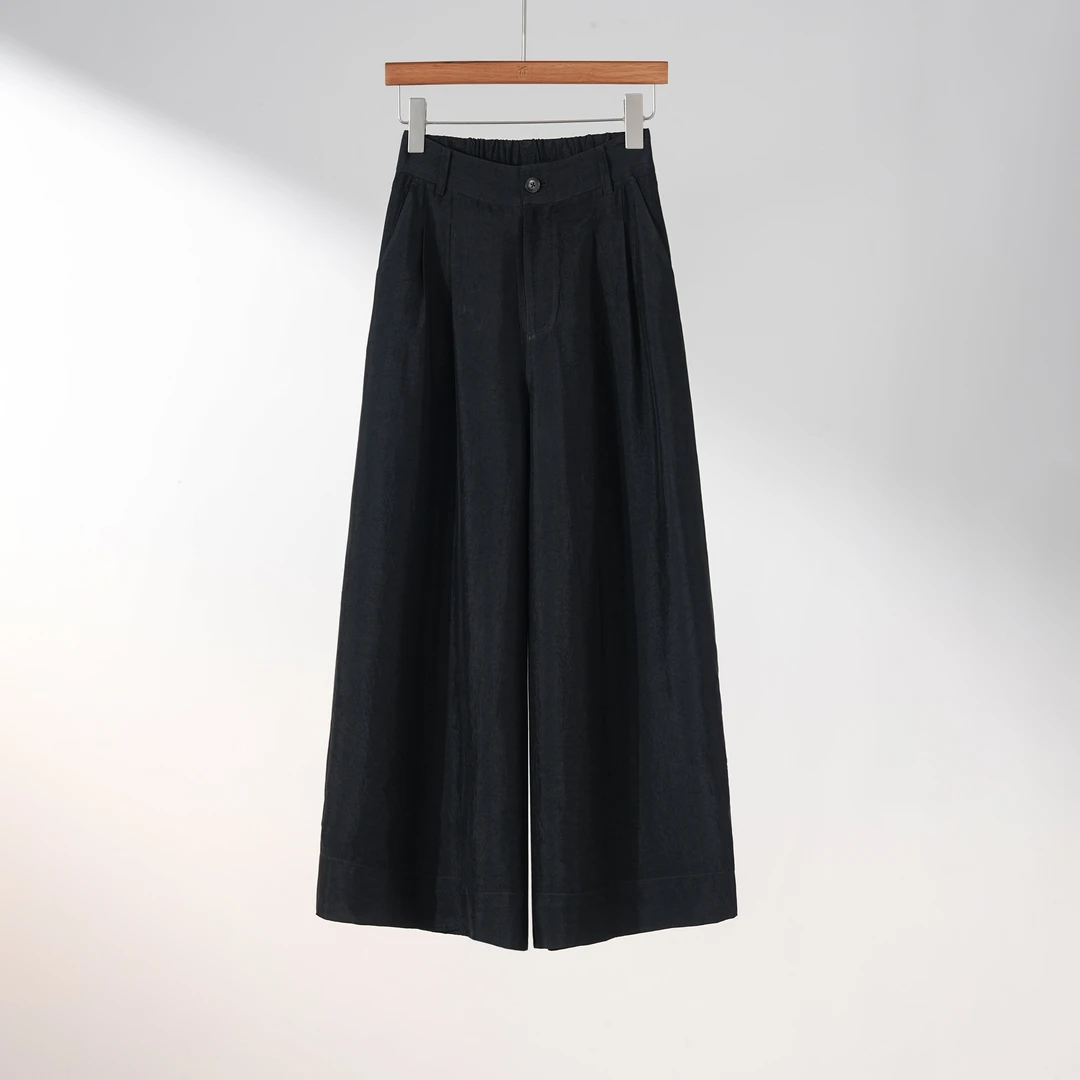 西子/【玄光】重磅醋酸凉感抗皱高腰休闲松紧阔腿黑色裙裤/KZYF103