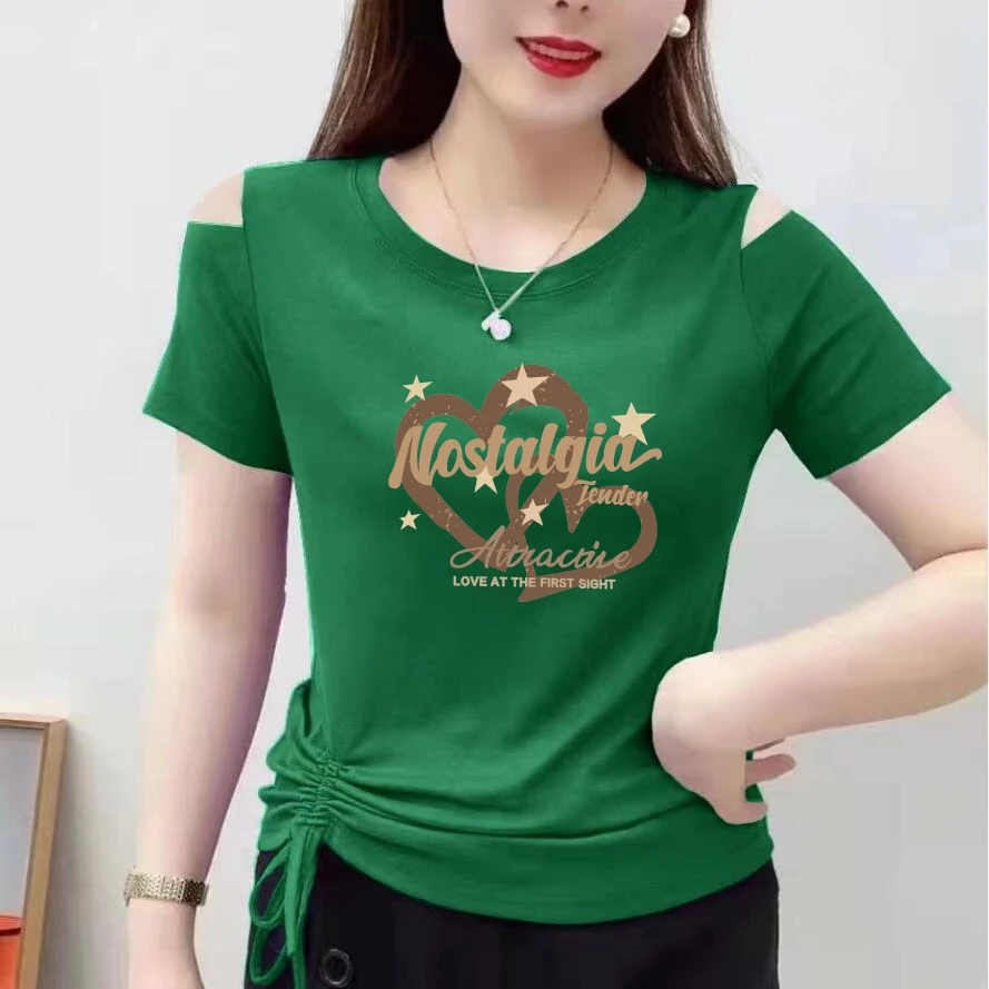 2025夏季新款圆领气质时髦短袖t恤女装绑带洋气体恤打底衫上衣服