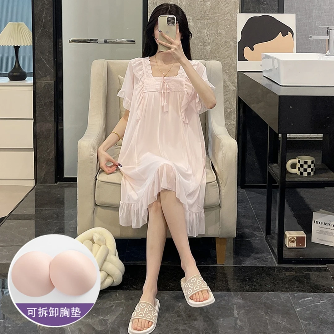网纱睡裙女夏季睡衣凉感带胸垫薄款公主风粉红2025新款短袖家居服