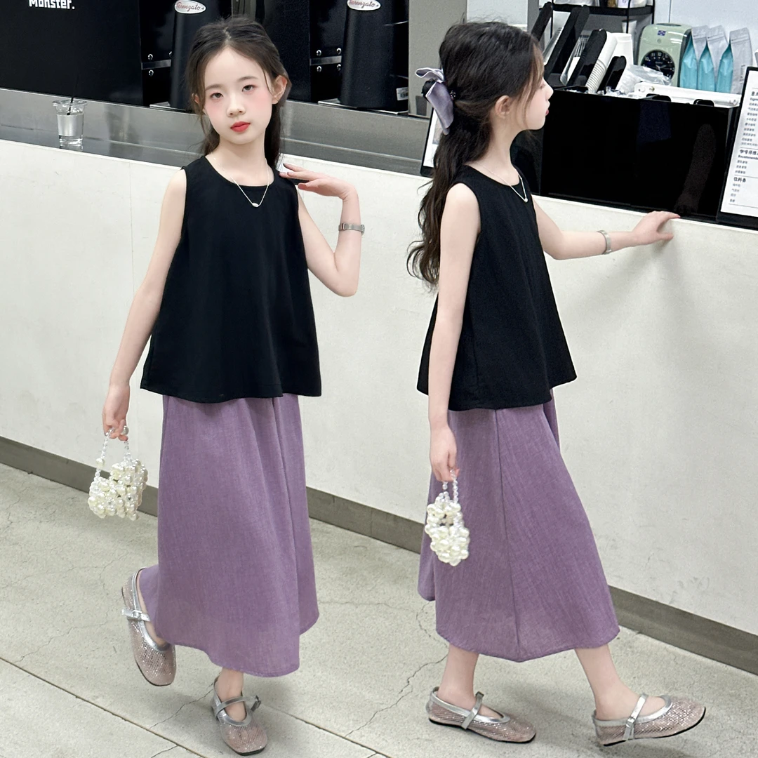 2025夏季新款女童无袖紫色裙套装宽松百搭简约时尚夏日中大童休闲
