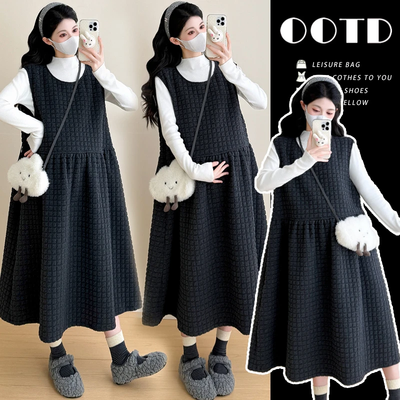 【沫小熙】冬季孕妇装套装针织衫加厚洒金菱格泡泡棉韩系显瘦背心裙