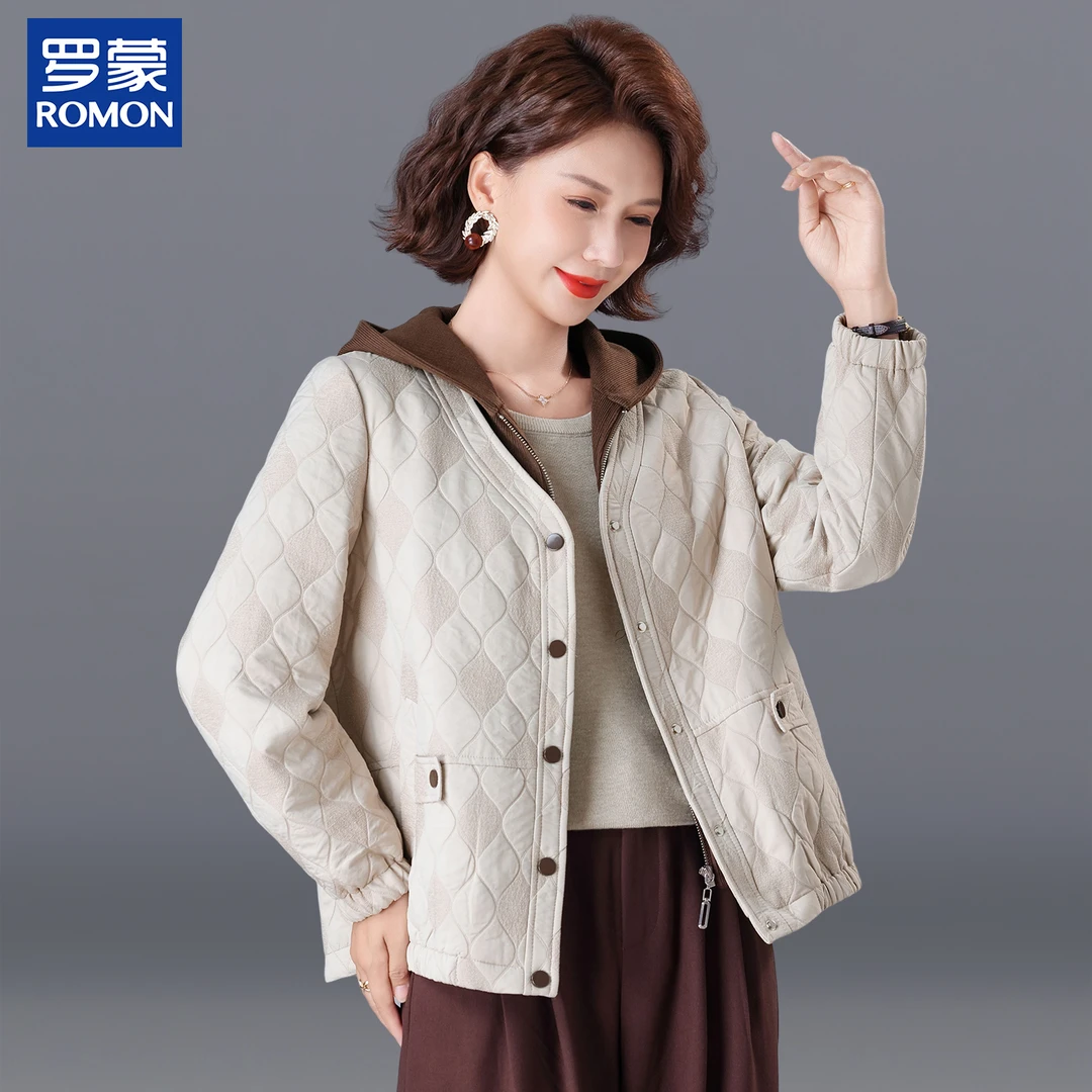 罗蒙妈妈秋装时尚洋气外套新款连帽夹克衫中老年女短款秋季上衣服