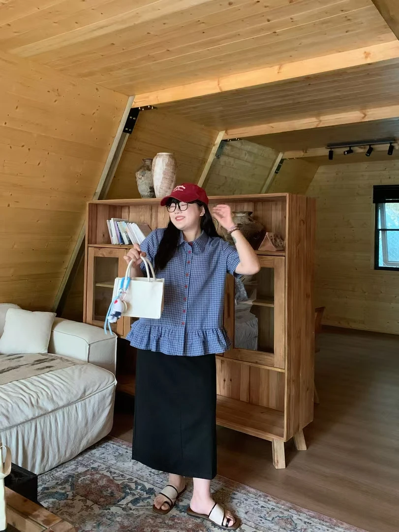 【鱼白专属】【运补6-10】2025MIU系法式气质复古蓝色格子短袖衬衫