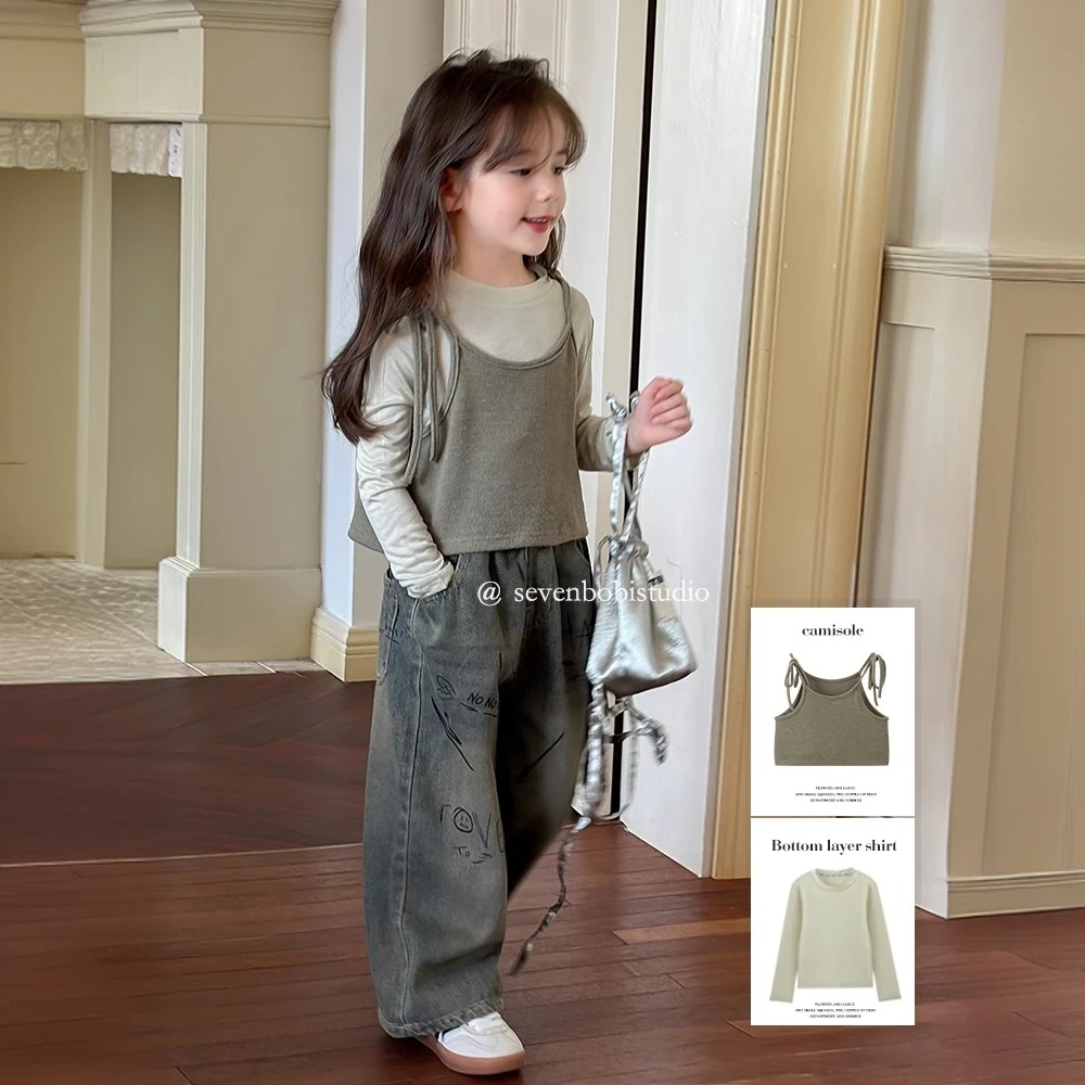 2025女童韩版长袖T恤春装新款儿童两件套圆领吊带上衣阔腿牛仔裤
