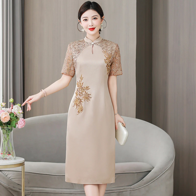 yqwl5570喜婆婆婚宴装香槟色礼服裙2025夏季新款妈妈装修身连衣裙