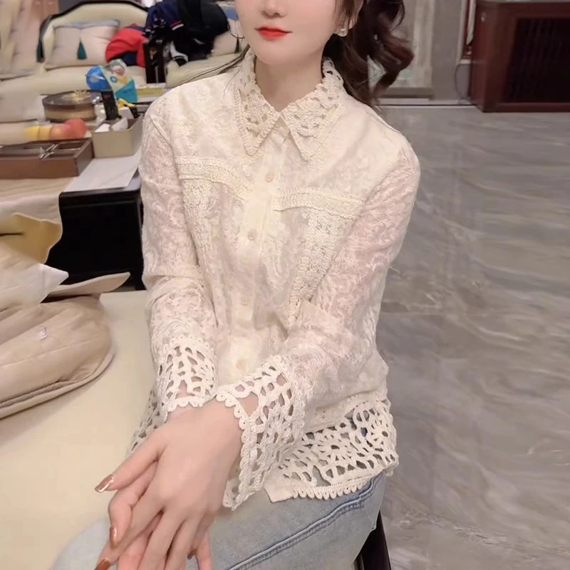 蕾丝法式衬衫女士2025内搭叠穿秋季休闲舒适显瘦拼接时尚百搭上衣