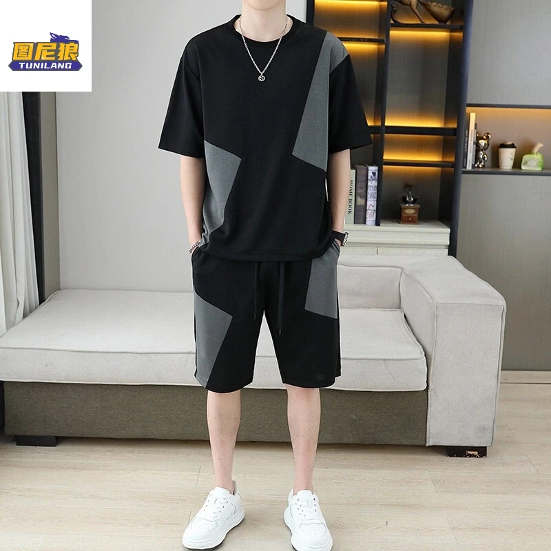 图尼狼2025新款拼接休闲运动套装男士夏季百搭潮流帅气时尚两件套