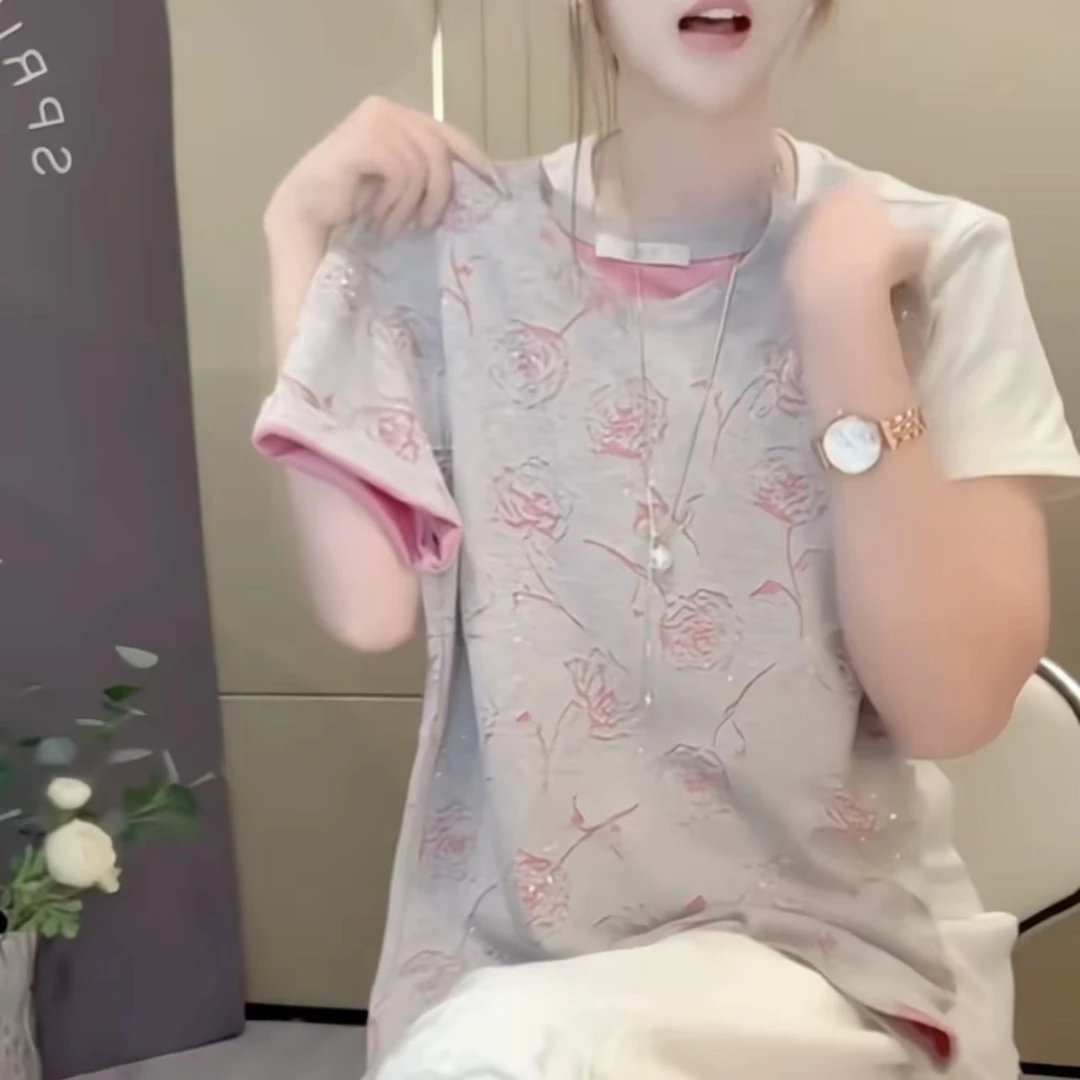 休闲风夏季短袖杂志风时尚长款圆领印花休闲T恤女士半袖女款1188