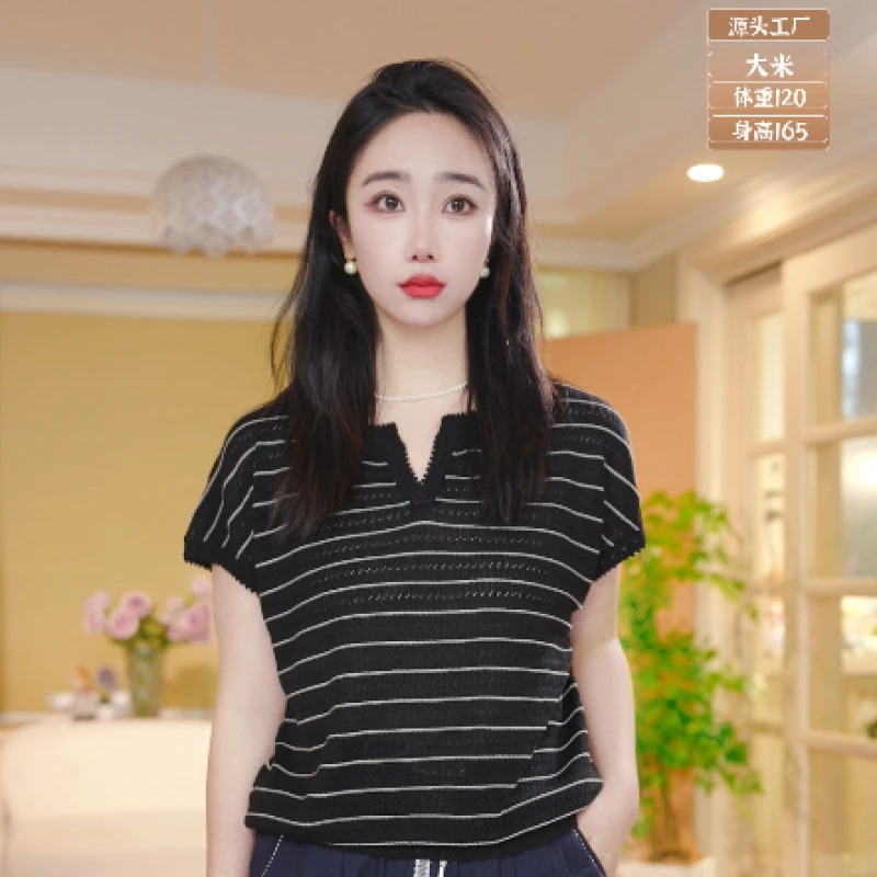 095 夏季新款韩系少女百搭显瘦条纹圆领短袖针织衫上衣