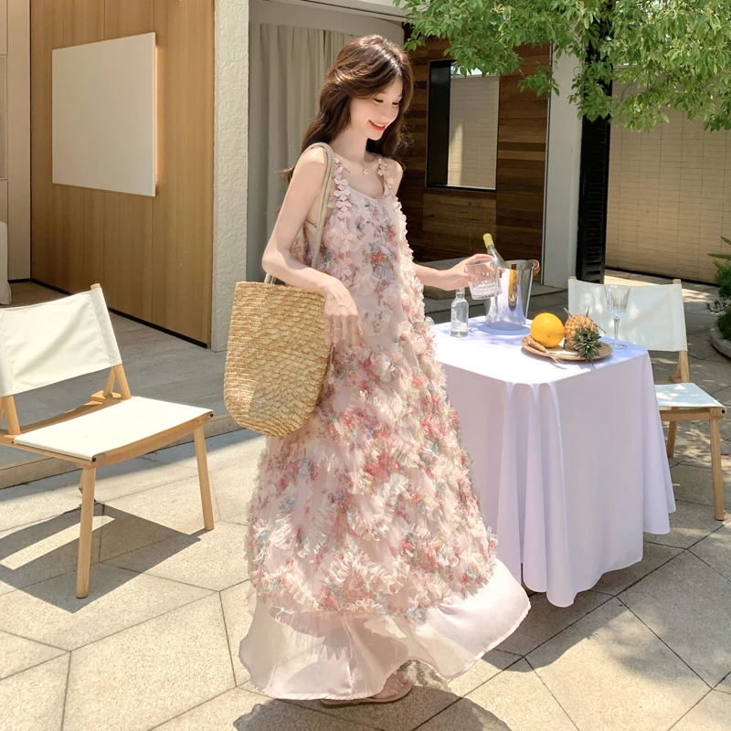 法式复古碎花仙女吊带裙女2025夏季网纱木耳边拼接海边度假风长裙