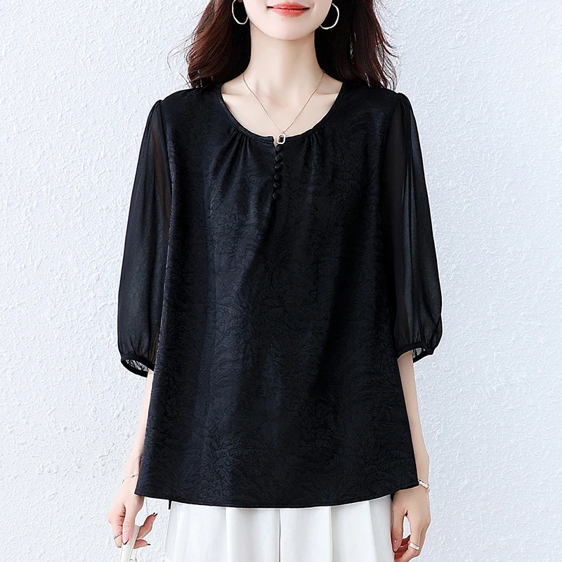 提花雪纺衫2025年夏季新款气质宽松遮肚显瘦短袖上衣大码小衫8858